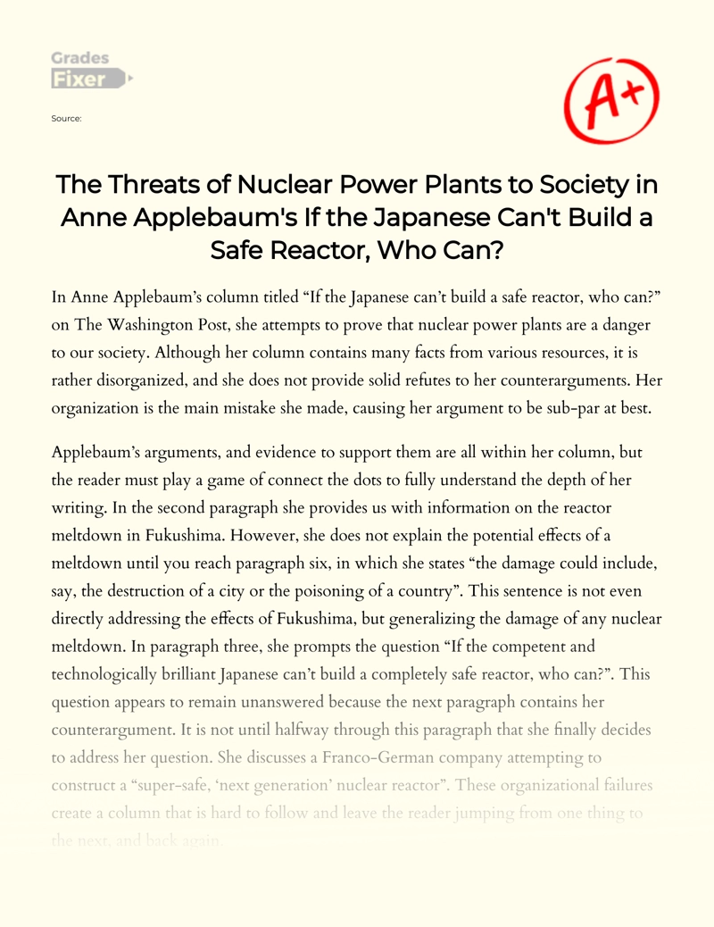 Analyzing Anne Applebaum's Column on Nuclear Power Plants Essay