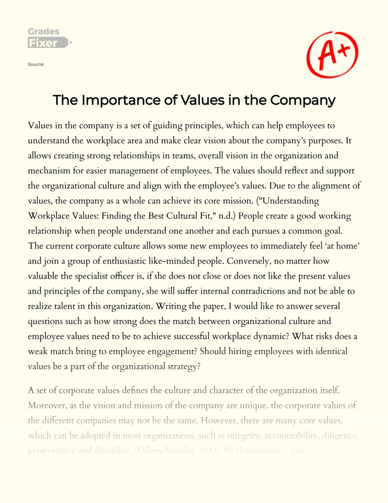 The Importance of Values in The Company essay