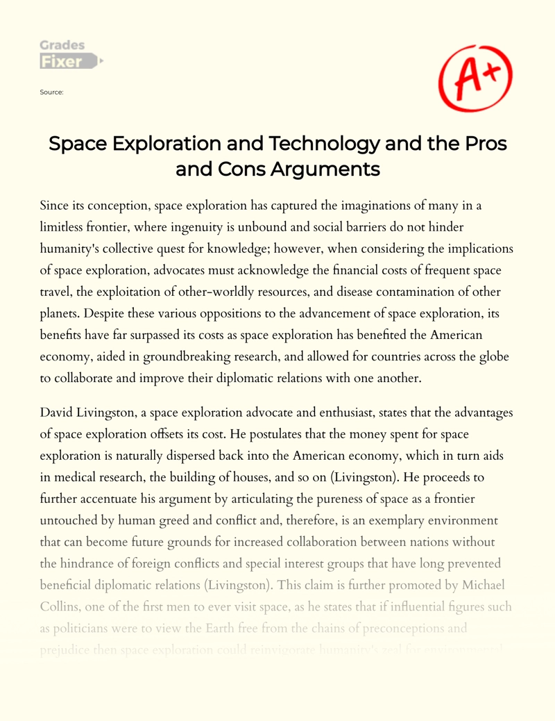 Space Exploration and Technology and The Pros and Cons Arguments Essay