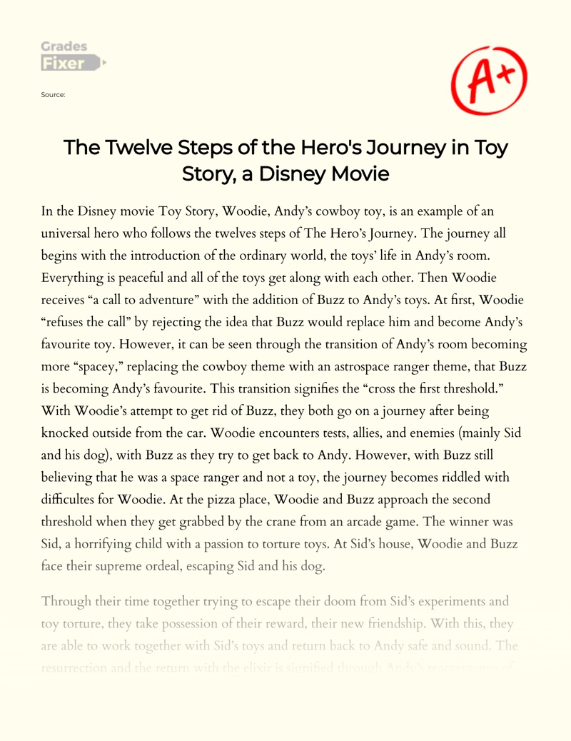 The Hero's Journey in a Disney Movie "Toy Story"  Essay