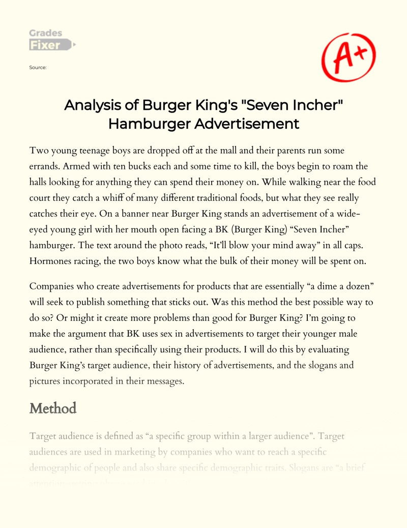 Analysis of Burger King's "Seven Incher" Hamburger Advertisement Essay