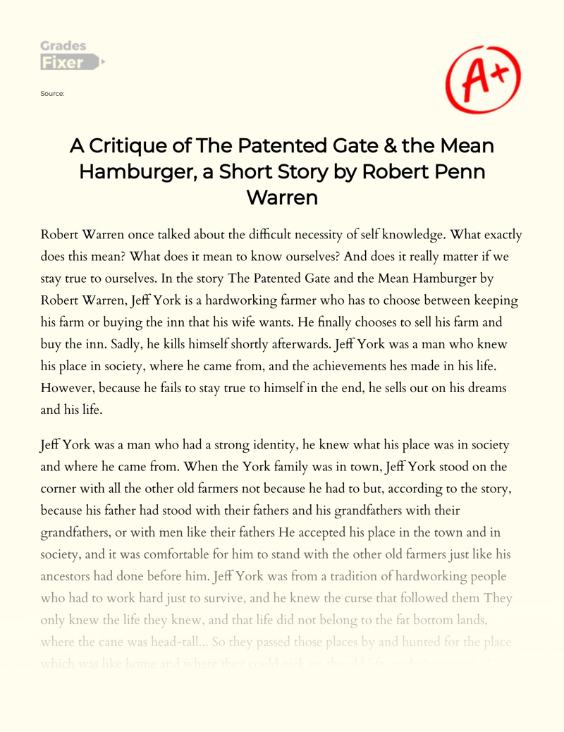 A Critique of The Patented Gate & The Mean Hamburger, a Short Story by Robert Penn Warren essay