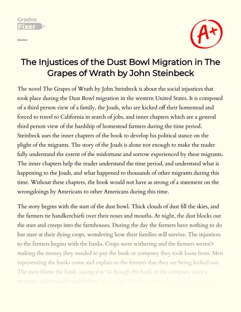 The Injustices of The Dust Bowl Migration in The Grapes of Wrath by John Steinbeck Essay
