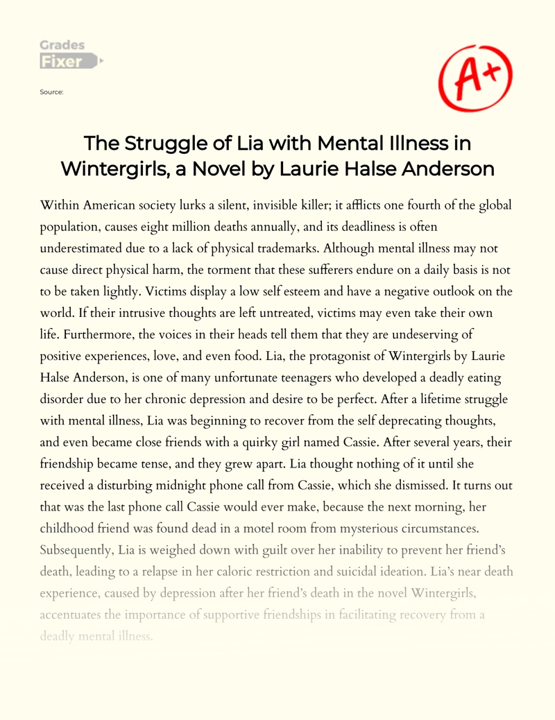 The Struggle of Lia with Mental Illness in Wintergirls, a Novel by Laurie Halse Anderson Essay