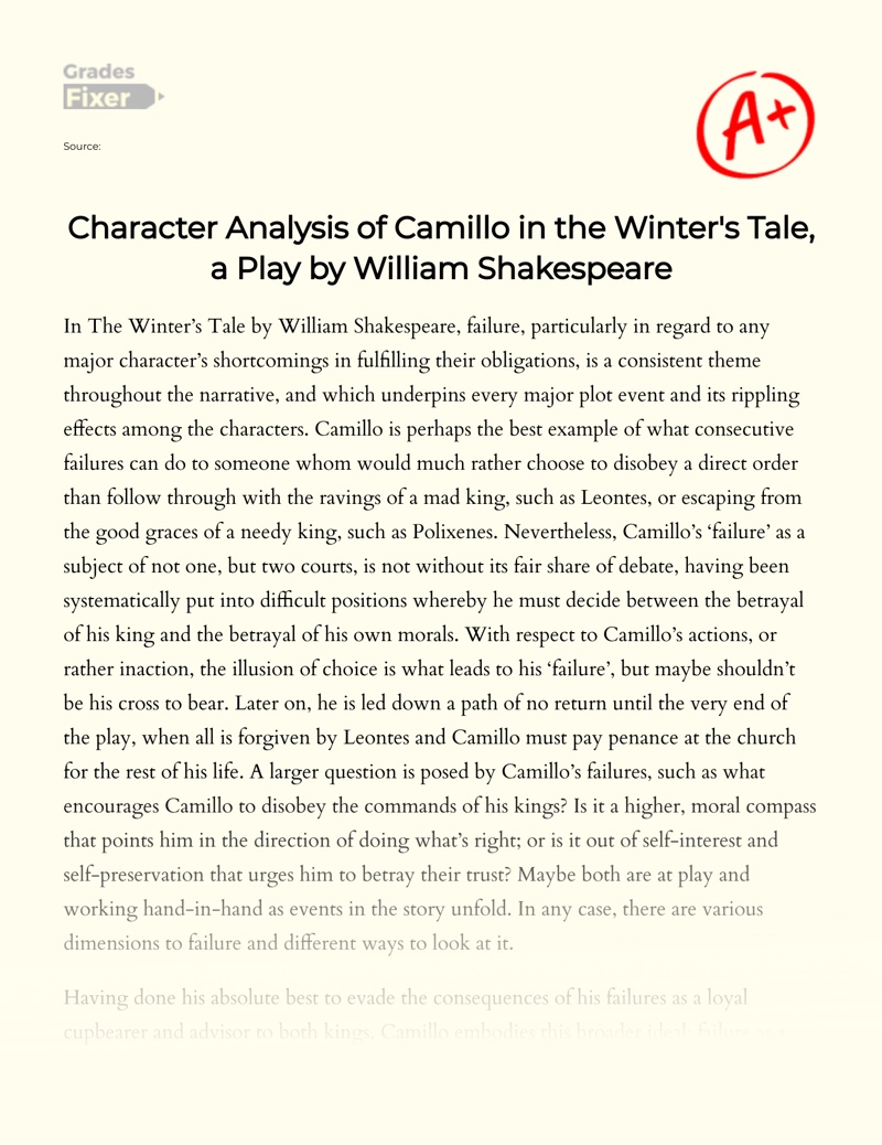 Character Analysis of Camillo in The Winter's Tale, a Play by William Shakespeare Essay