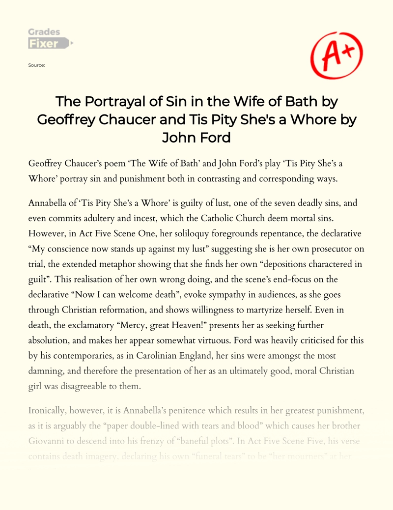 The Portrayal of Sin in The Wife of Bath by Geoffrey Chaucer and Tis Pity She's a Whore by John Ford Essay
