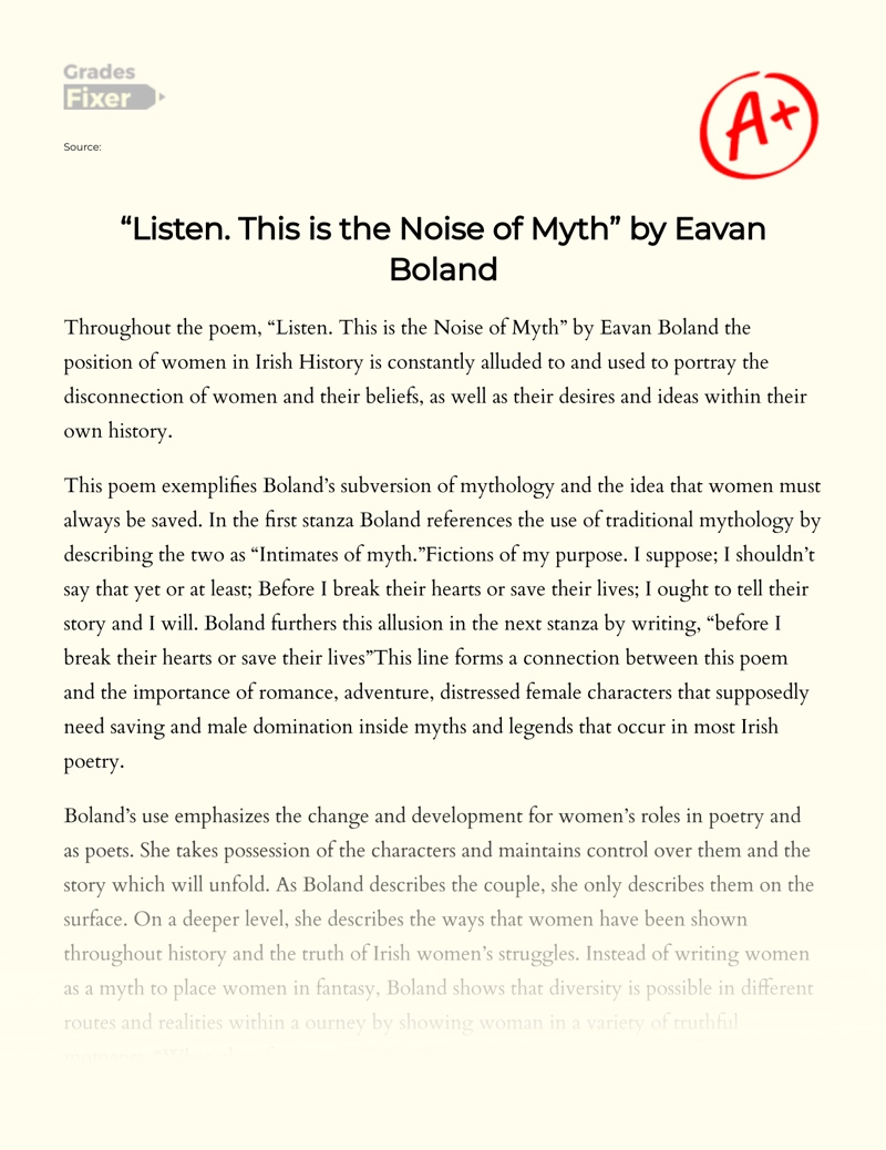  "Listen. This is The Noise of Myth" by Eavan Boland Essay