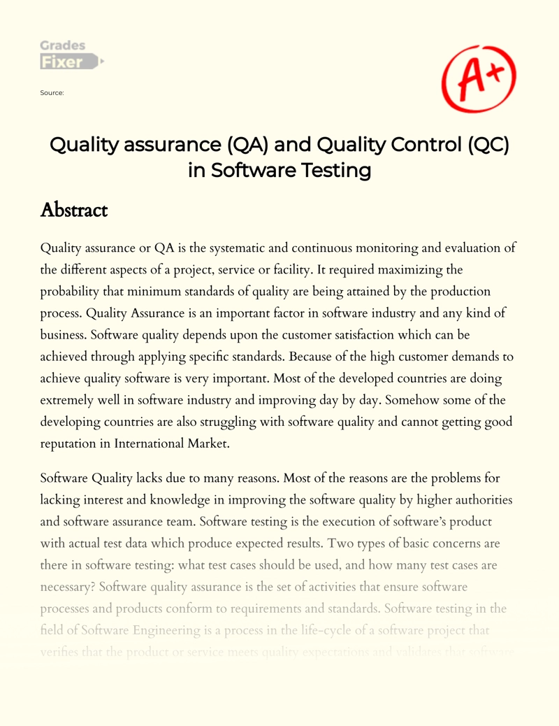Quality Assurance (qa) and Quality Control (qc) in Software Testing essay
