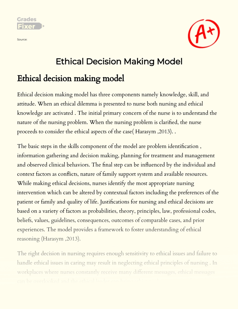 Ethical  Decision Making Model Essay