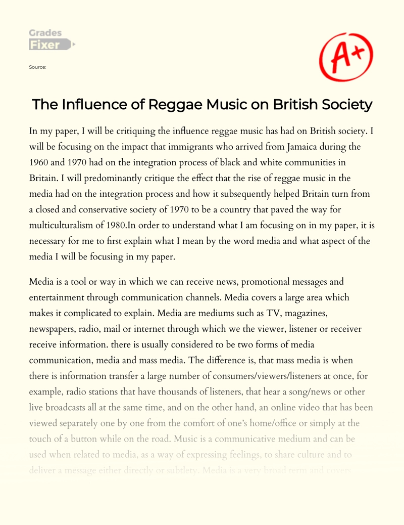 The Influence of Reggae Music on British Society Essay