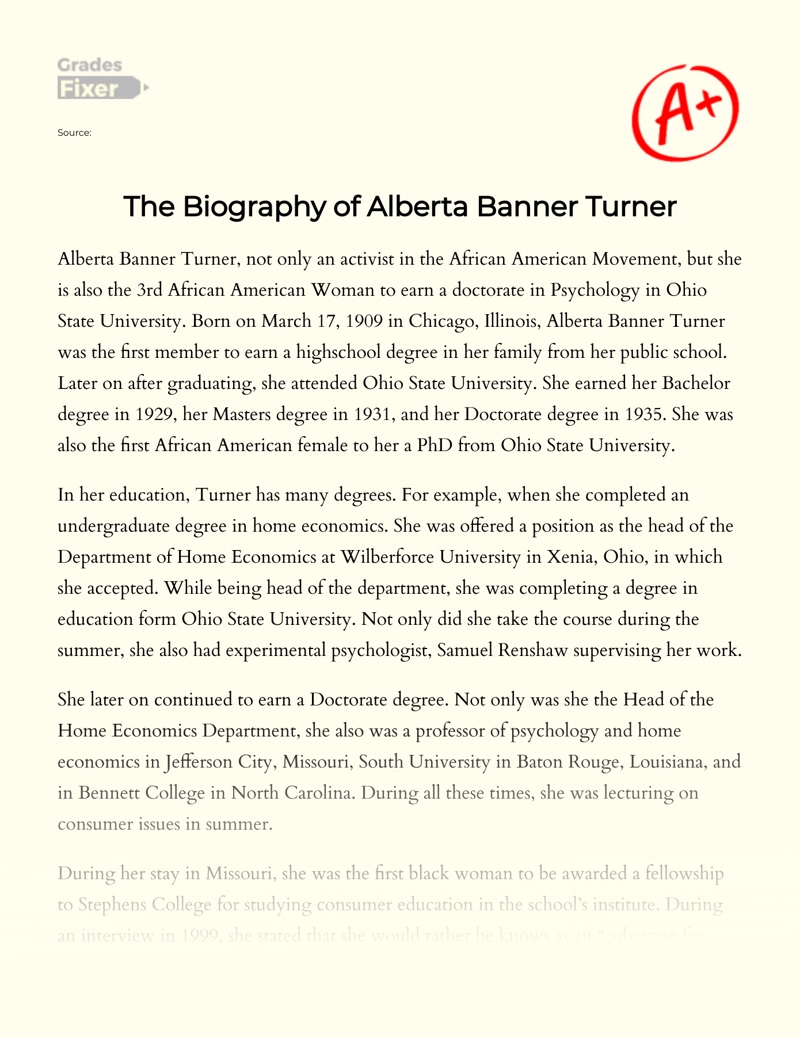 The Biography of Alberta Banner Turner essay