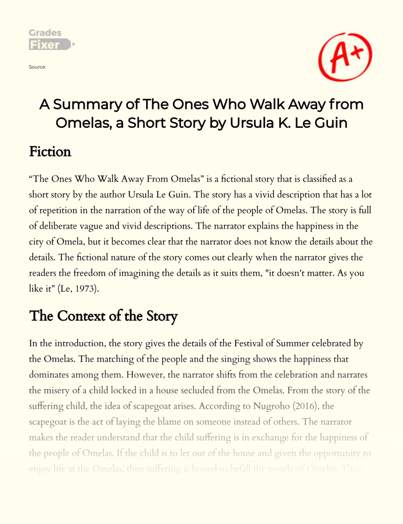 A Report on The Ones Who Walk Away from Omelas, a Short Story by Ursula K. Le Guin Essay