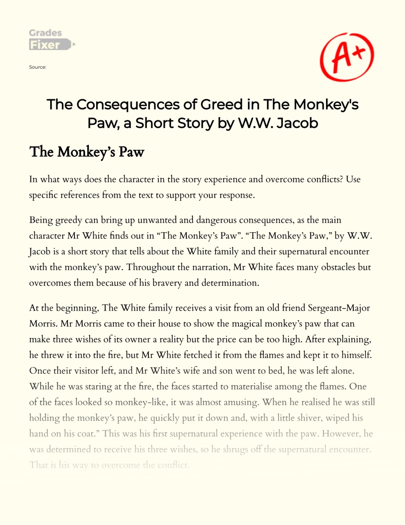 Conflicts Portrayed in The Monkey's Paw, a Short Story by W.w. Jacob Essay