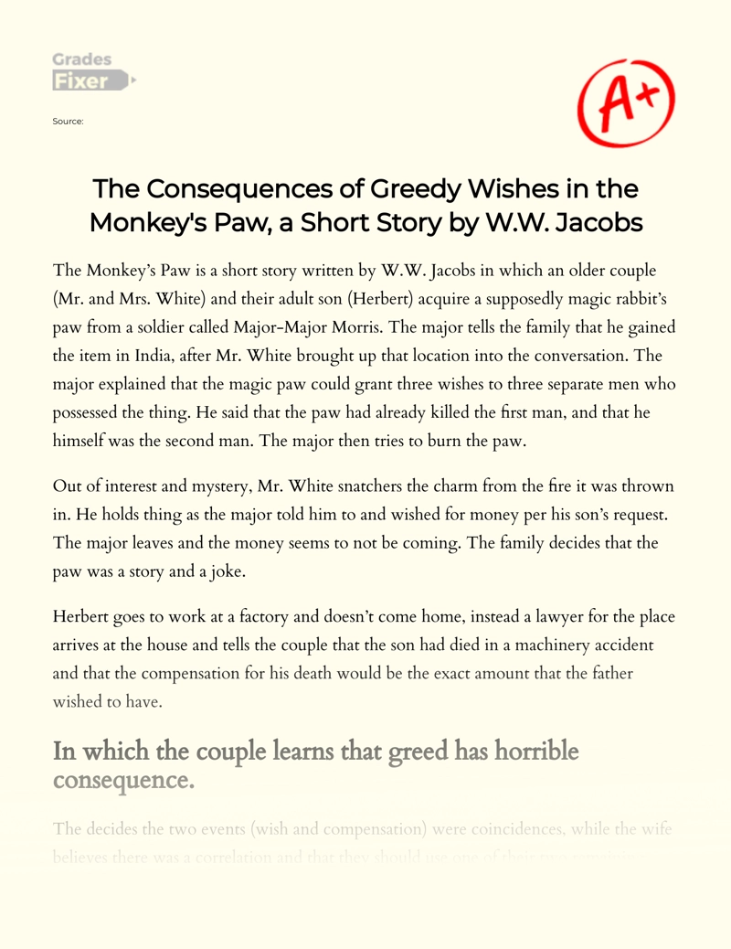 What Are The Wishes in The Monkey's Paw Portray by W.w. Jacobs Essay