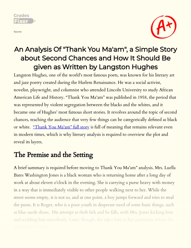 An Analysis of "Thank You Ma'am" Written by Langston Hughes essay