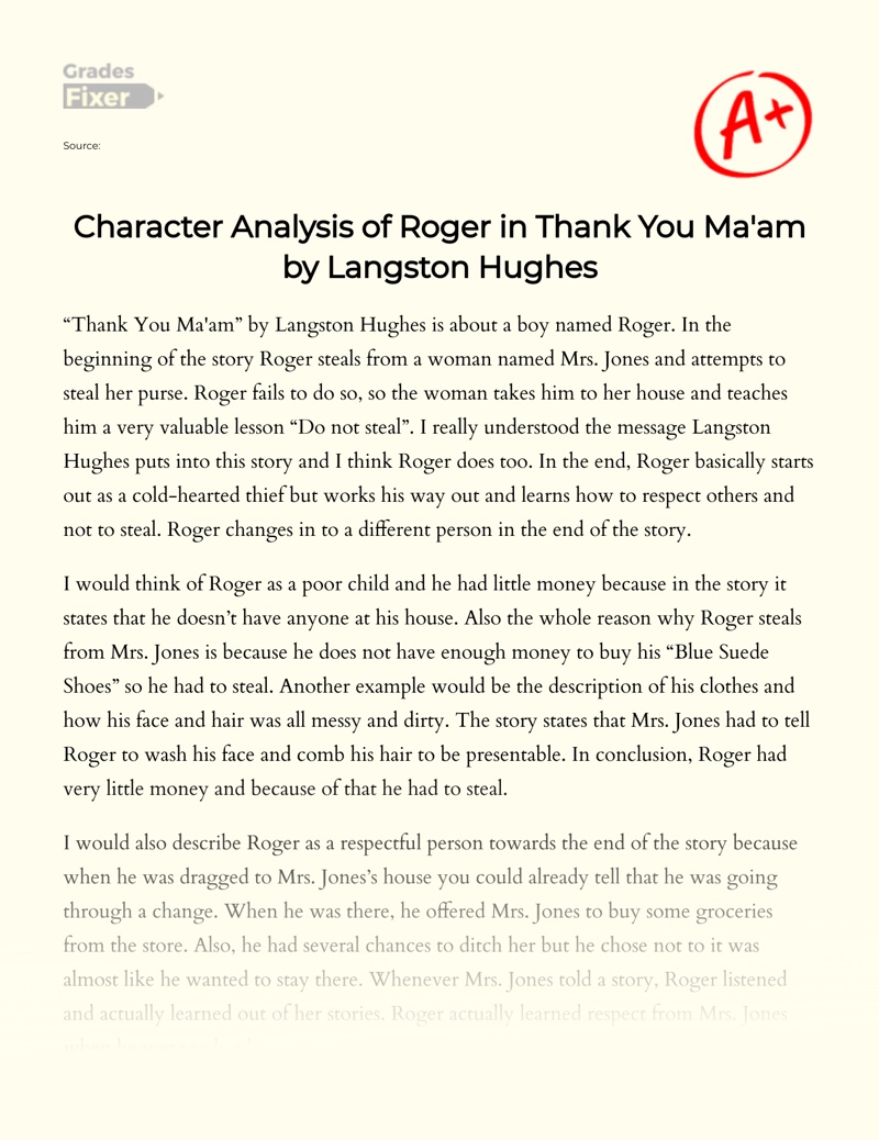 Character Analysis of Roger in "Thank You Ma'am" by Langston Hughes Essay