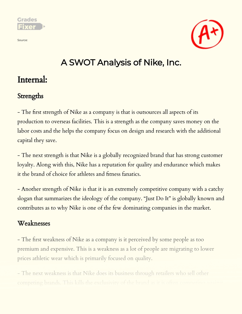 A SWOT Analysis of Nike, [Essay Example], 880 words GradesFixer