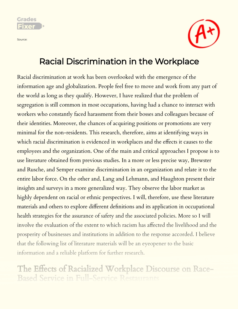 Review of The Issue of Racial Discrimination in The Workplace essay