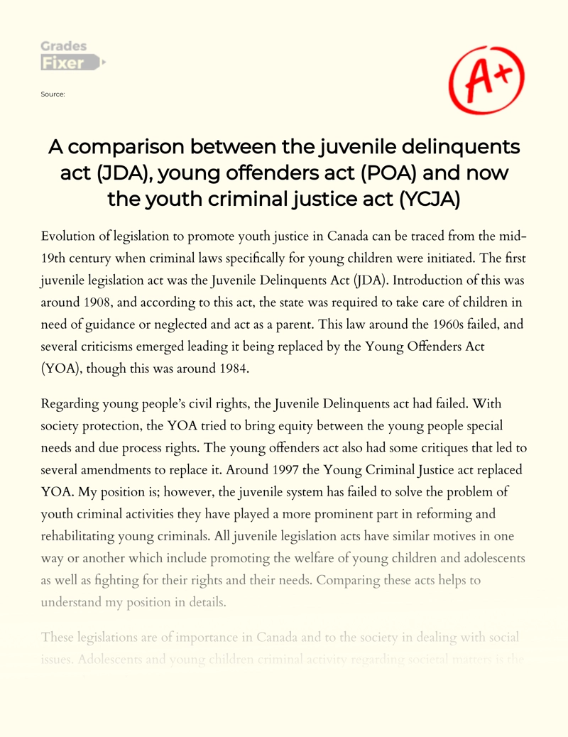 Three Canadian Juvenile Legislations Acts Essay