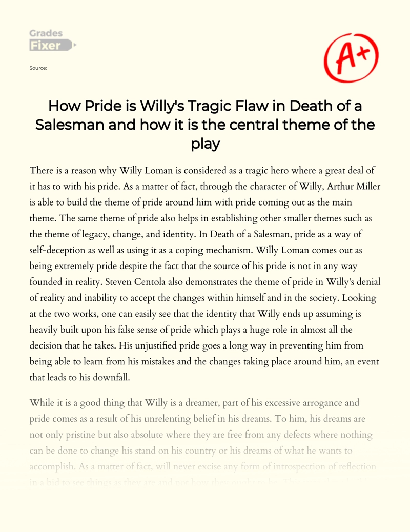 How Pride is Willy's Tragic Flaw in Death of a Salesman and How It is The Central Theme of The Play Essay