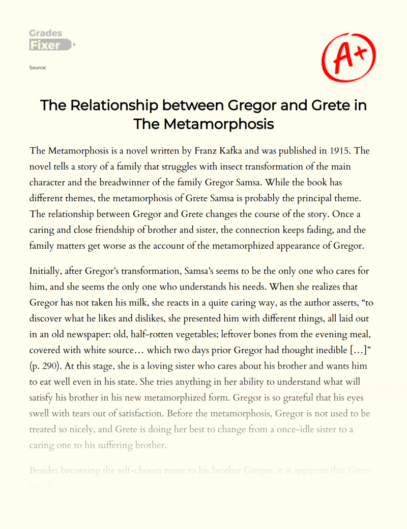 The Relationship Between Gregor and Grete in The Metamorphosis Essay