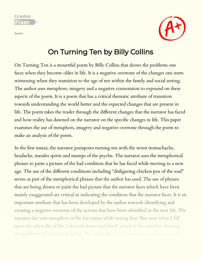 On Turning Ten: Essay on Literary Devices in Billy Collins' Book essay