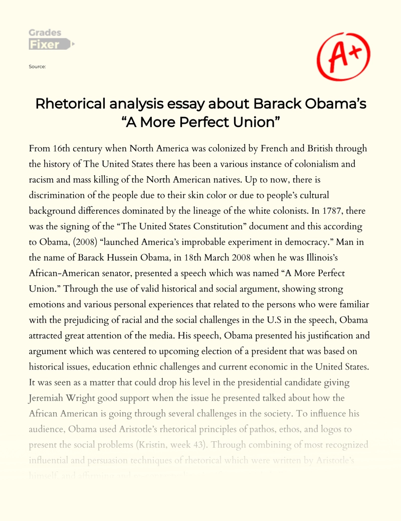 Rhetorical Analysis of Obama's 'A More Perfect Union' Speech Essay
