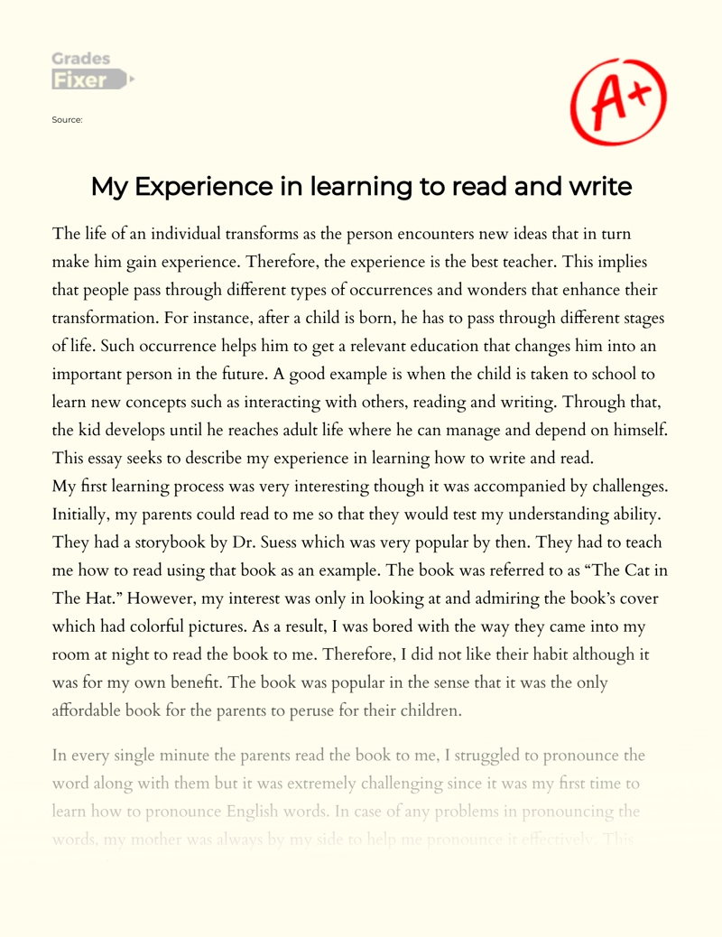 My Experience in learning to read and write: [Essay Example], 27