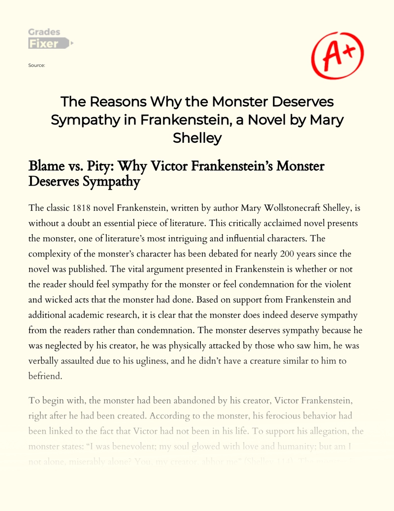The Reasons Why The Monster Deserves Sympathy in Frankenstein, a Novel by Mary Shelley Essay
