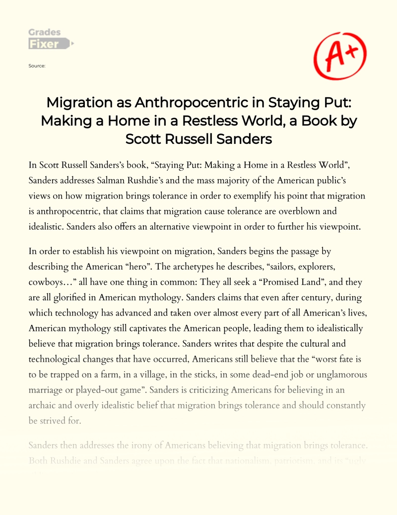 Migration as Anthropocentric in Staying Put: Making a Home in a Restless World, a Book by Scott Russell Sanders essay