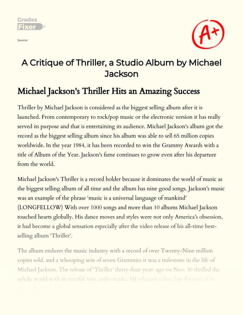 A Critique of Thriller, a Studio Album by Michael Jackson Essay
