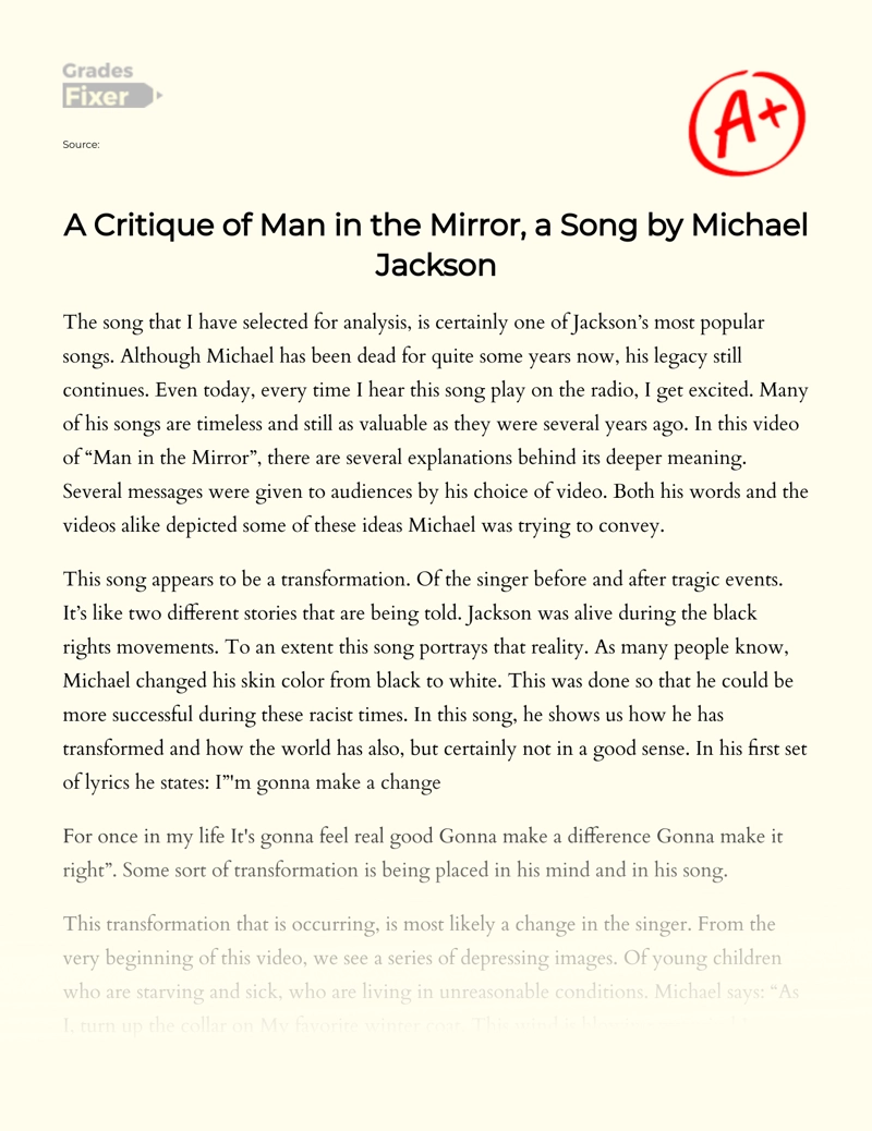 Song Critique: "Man in The Mirror" by Michael Jackson Essay