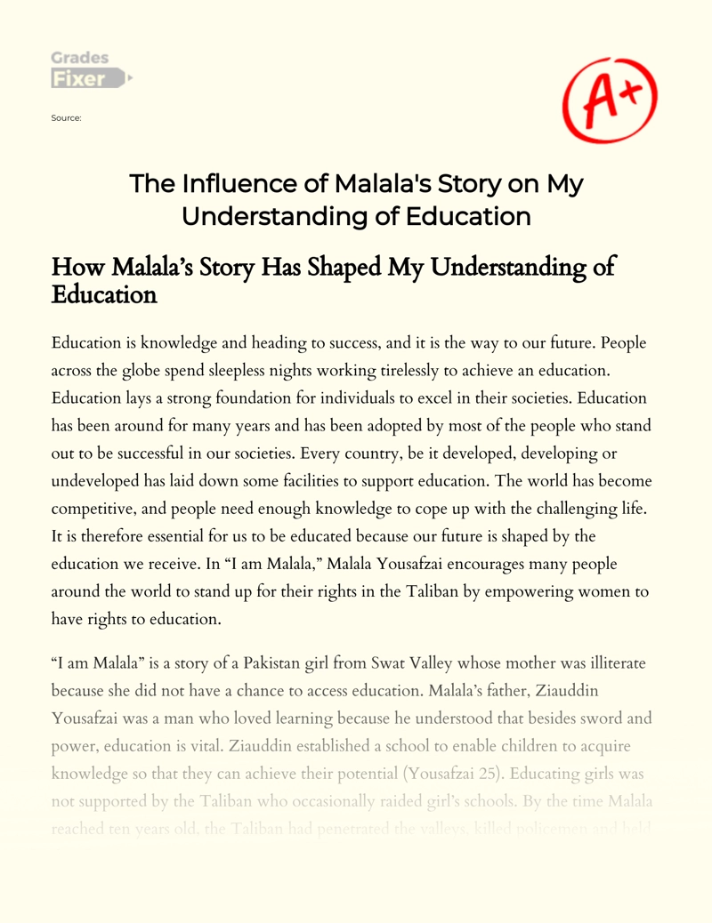 The Influence of Malala's Story on My Understanding of Education Essay