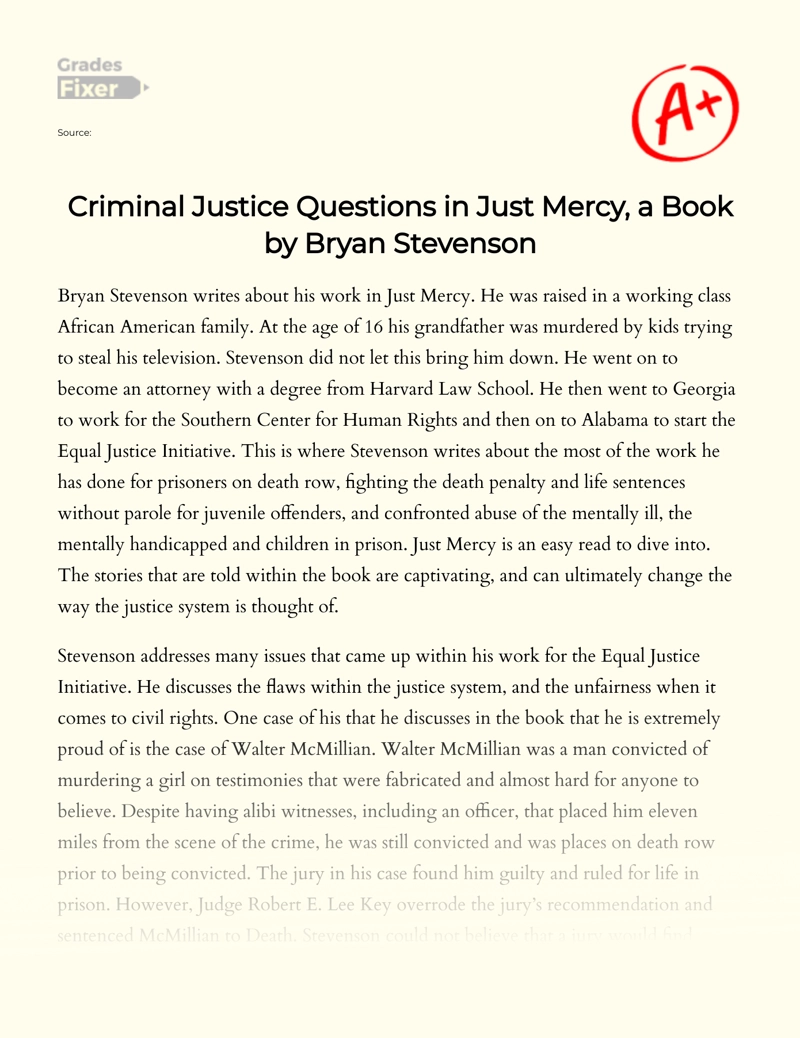 Criminal Justice Questions in Just Mercy, a Book by Bryan Stevenson Essay
