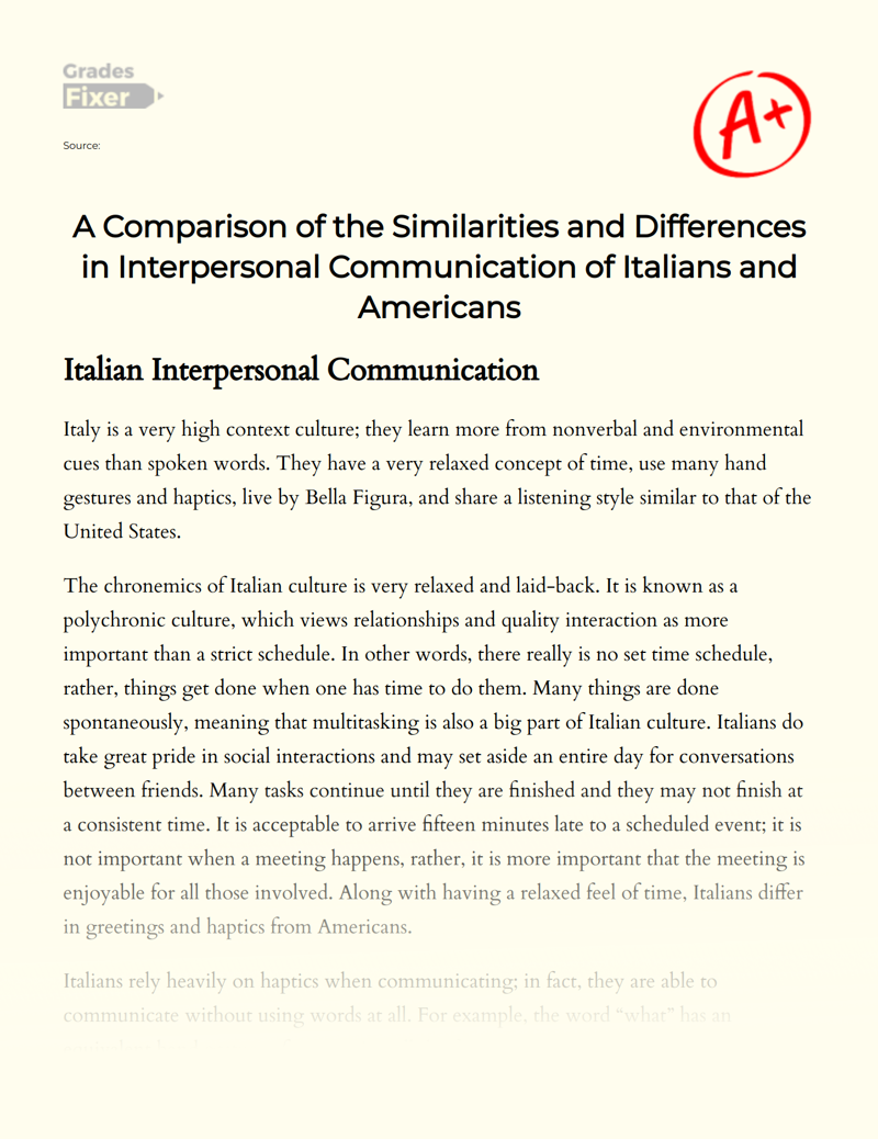 A Comparison of The Similarities and Differences in Interpersonal Communication of Italians and Americans Essay