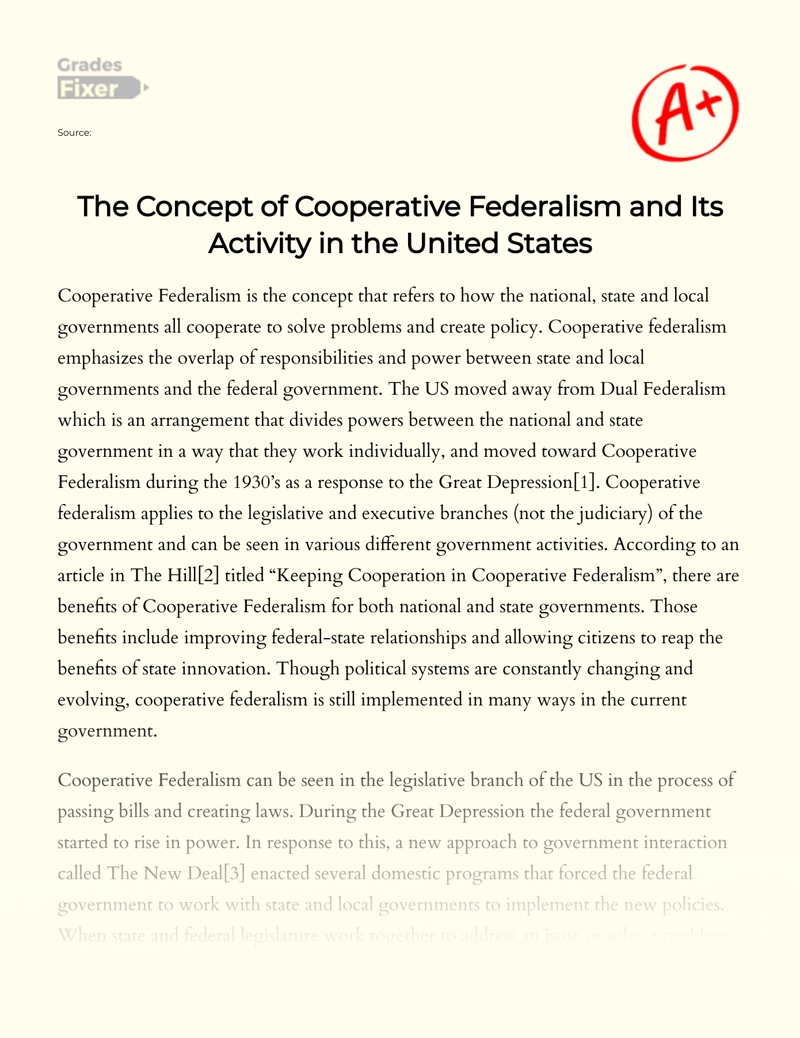 The Concept of Cooperative Federalism and Its Activity in The United States Essay