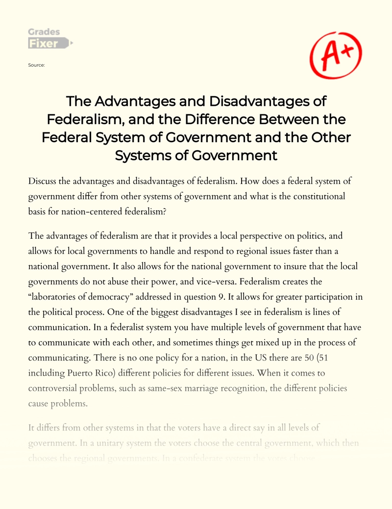 Federalism: The Advantages and Disadvantages Essay