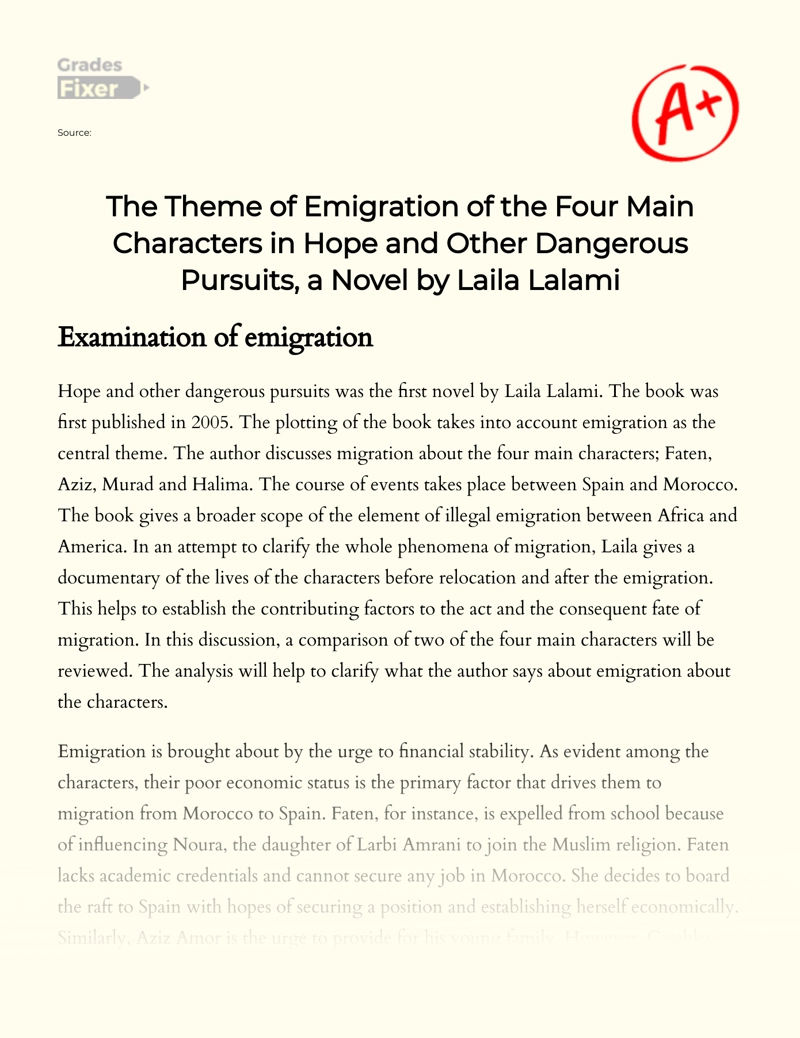 The Theme of Emigration of The Four Main Characters in Hope and Other Dangerous Pursuits, a Novel by Laila Lalami Essay