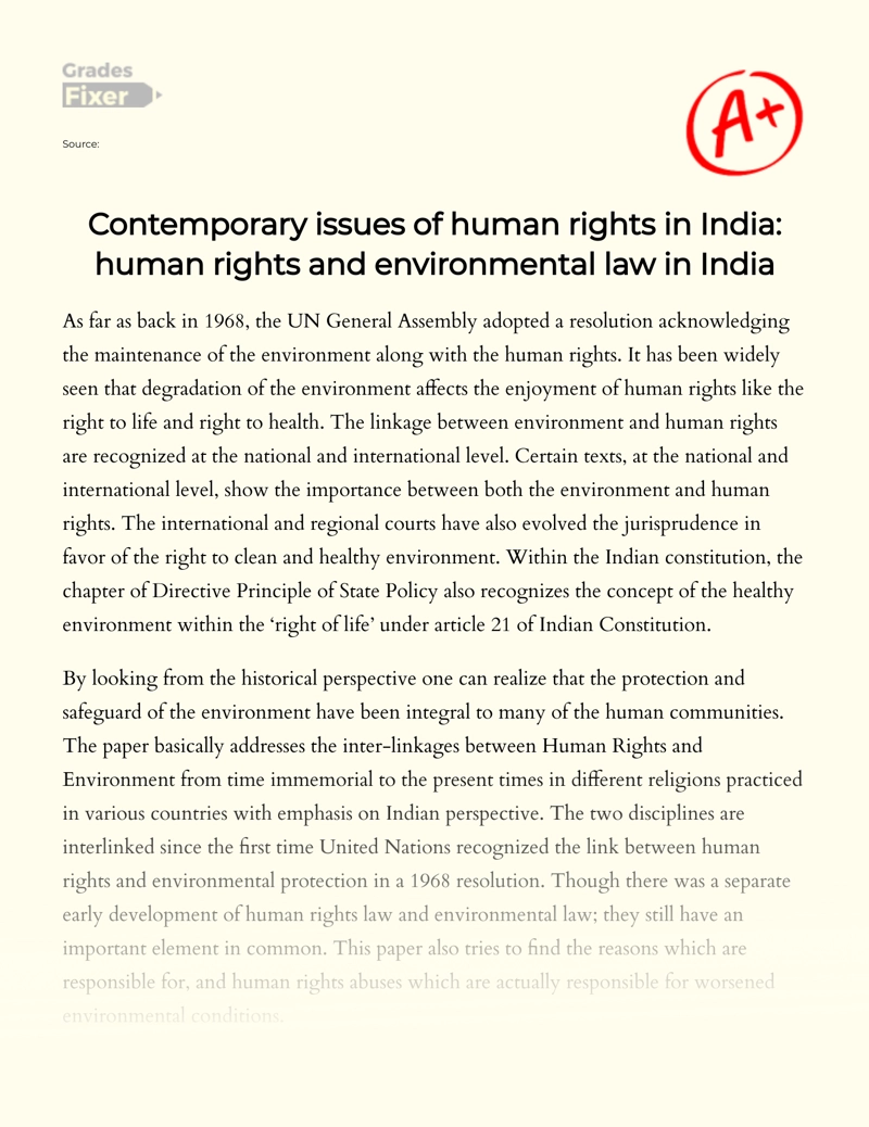 Contemporary Issues of Human Rights in India: Human Rights and Environmental Law in India essay