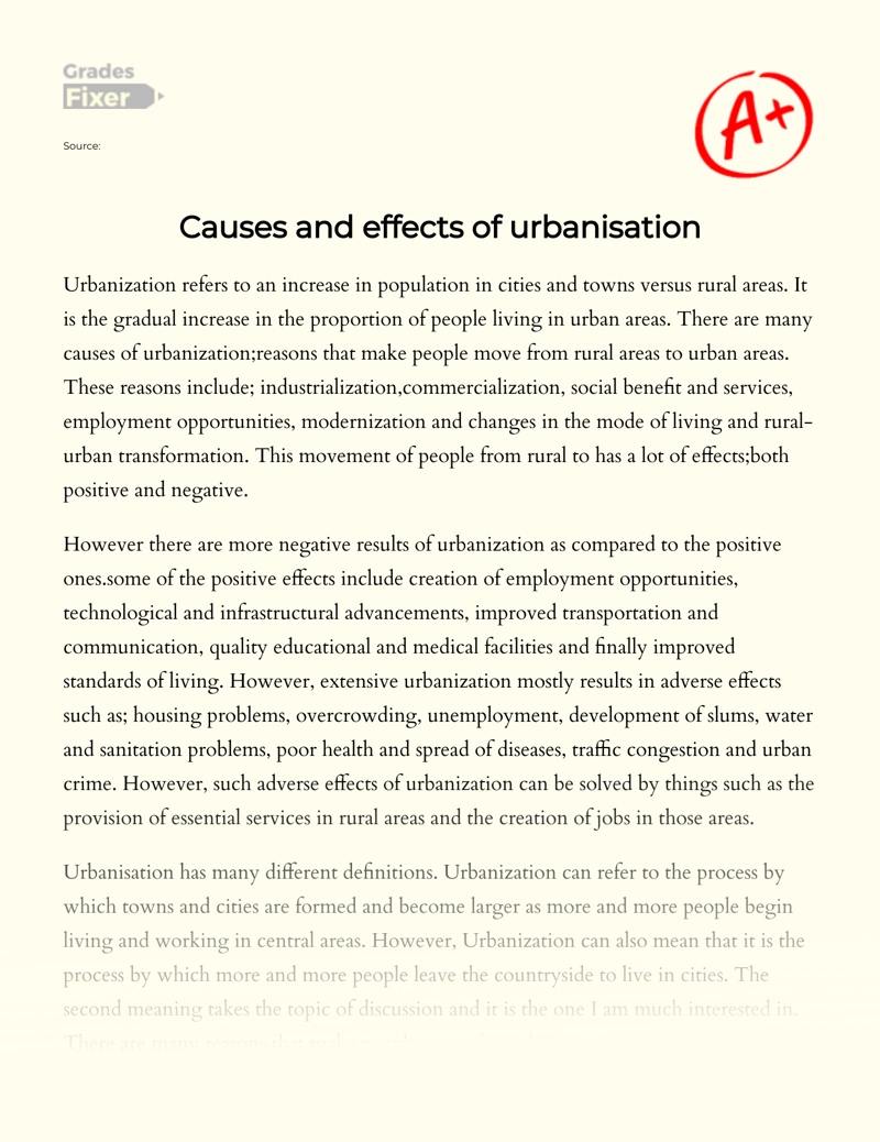 Causes and Effects of Urbanisation essay