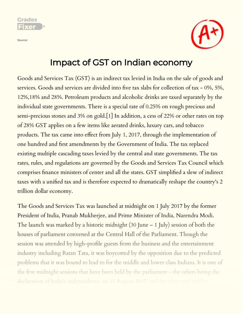 Review of Impact of Goods and Services Tax (gst) on Indian Economy Essay