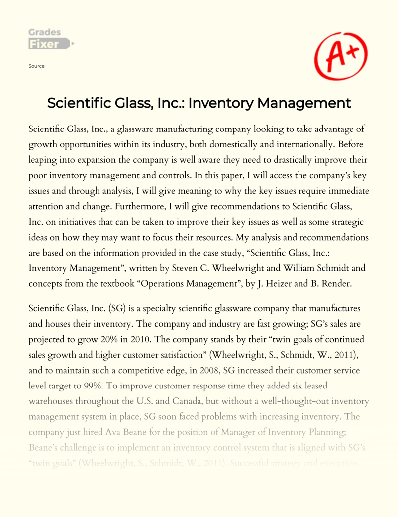 Scientific Glass, Inc.: Inventory Management Essay