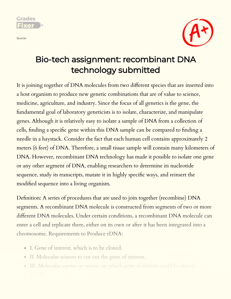 Bio-tech Assignment: Recombinant DNA Technology Submitted essay