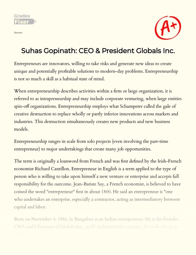 Suhas Gopinath: CEO & President Globals Inc Essay