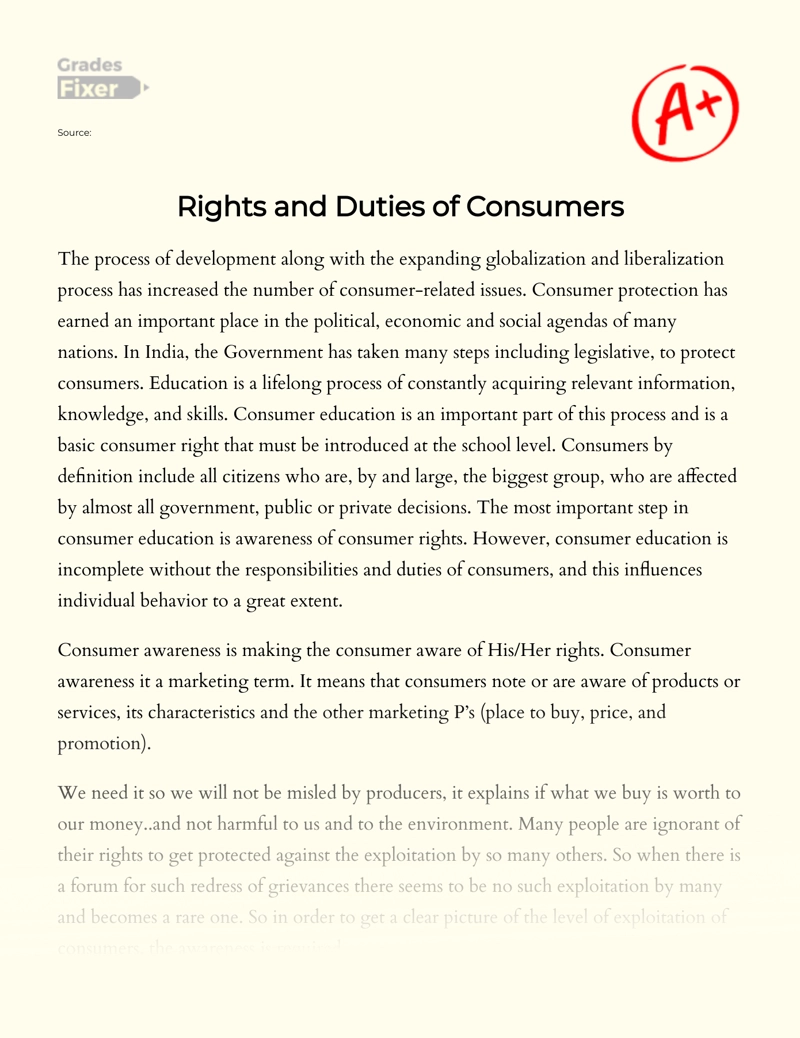 Rights and Duties of Consumers essay