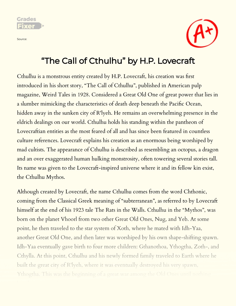 Cthulhu Monster in H.p. Lovecraft's Fiction Essay