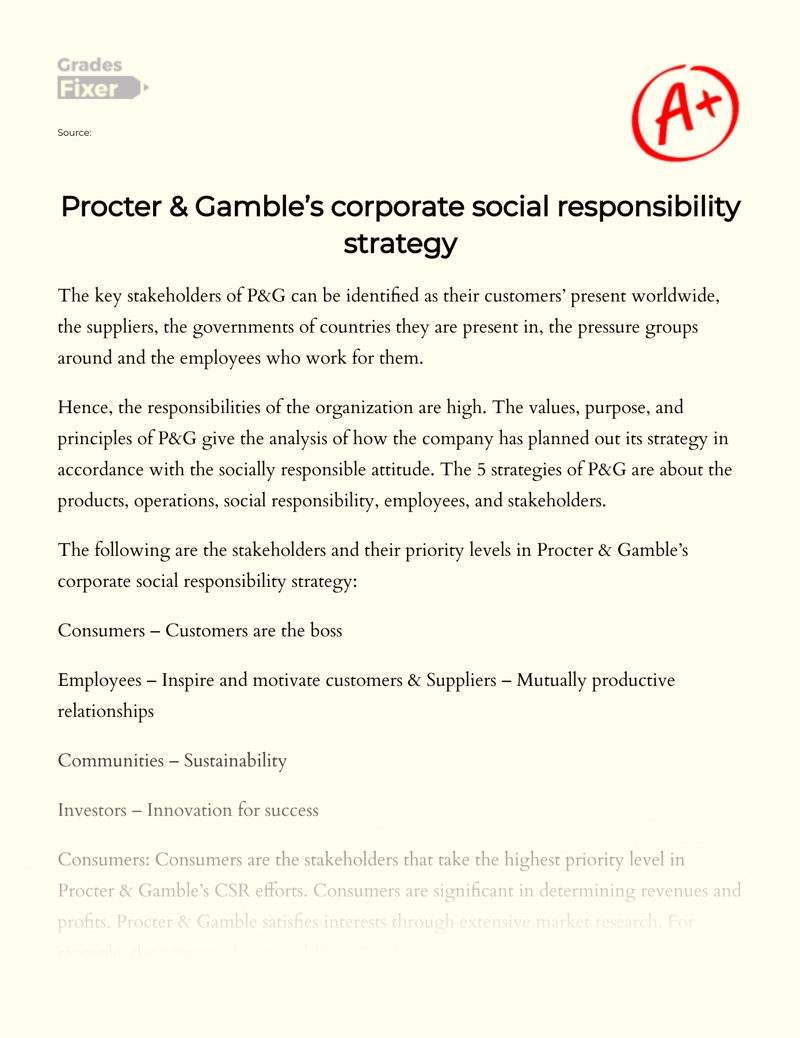 Procter & Gamble’s Corporate Social Responsibility Strategy Essay
