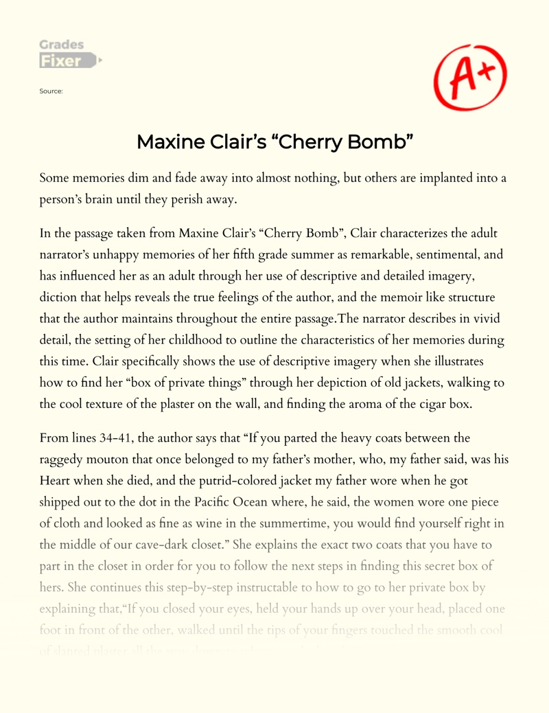 Maxine Clair’s "Cherry Bomb": Analysis of Memories Essay
