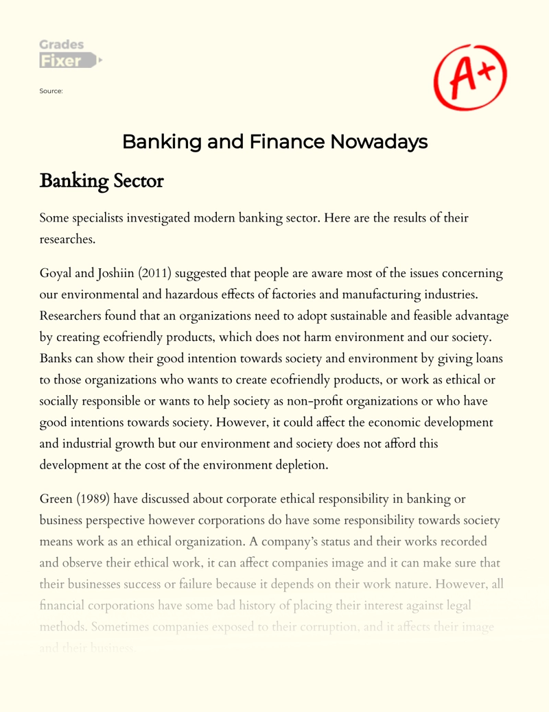 Banking Sector and Ethical Issues Nowadays Essay