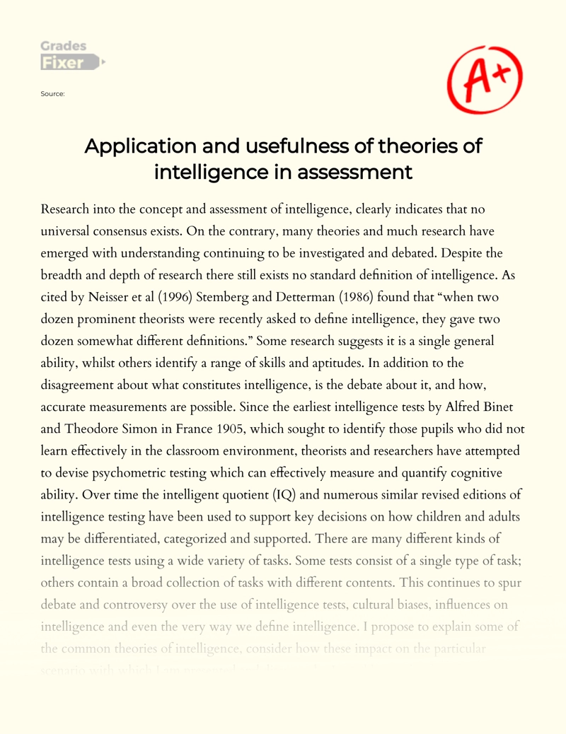 Application and Usefulness of Theories of Intelligence in Assessment Essay